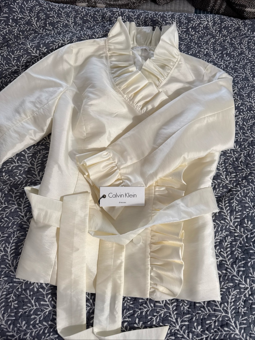 Calvin Klein Ivory Ruffle-Trim Wrap Blazer
